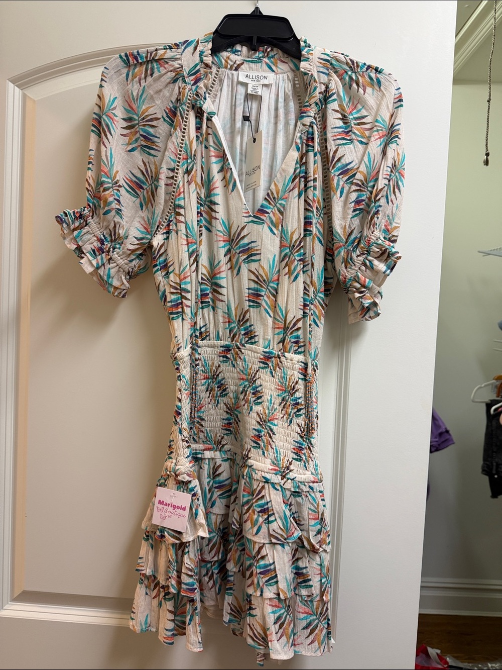 NWT Allison Printed Mini Dress in Cream with Teal & Coral Leaf Pattern